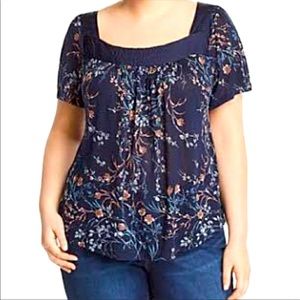 Lucky Brand Floral Short Sleeve Blue Blouse